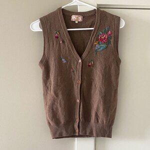 Vintage Embroidered Brown Floral Wool Blend Knit Vest Size XS Grandmacore
